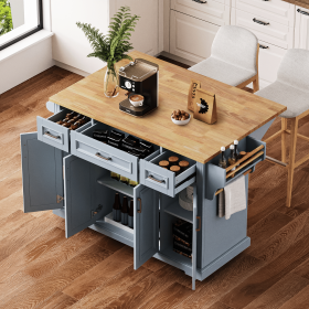 54 inch Large Kitchen Island with Rubber Wood Drop Leaf, Embossed Texture Rolling Kitchen Cart on 4 Wheels with 4 Doors and 3 Drawers (Color: Grey+Blue, Material: MDF,Rubber Wood)